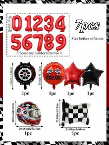 7pcs/Set Racing Car Theme Birthday Balloon Set, 32 Inch Red Number Balloons, 18 Inch Star Foil Balloons, Black & White Racing Flag Balloons, Helmet Balloon, Suitable For Birthday Party, Racing Theme, Celebration Decoration, Indoor & Outdoor Decor, Speed Racing Theme - Multicolor - View 2