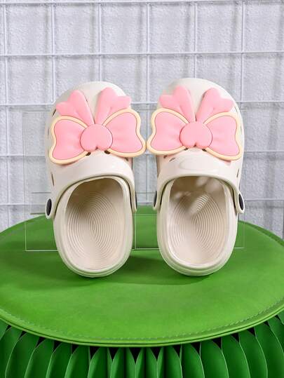 Cartoon Stylish & Versatile Bow-Decorated Girls' Clogs, Multi-Color (Beige/Pink) Girls' Shoes & Boys' Shoes, Lightweight Dual-Wear Non-Slip Soft-Soled, New Style For Home, Outdoor, Holiday, Vacation, Leisure & Sports In Spring & Summer