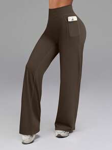 OQQ Yoga Pants With Pockets Women High Waist Stretch Casual Soft Straight Leg Bottoms - 深棕色加長版 - 查看 1