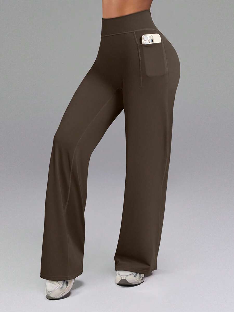 OQQ Yoga Pants With Pockets Women High Waist Stretch Casual Soft Straight Leg Bottoms - 深棕色加長版 - 查看 1