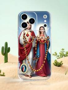 Funda de teléfono con diseño religioso de Jesús y la Virgen María, estampado con imagen clásica de ambos personajes sosteniendo un rosario, corazones sagrados y cruz cristiana, estilo devocional y espiritual ideal para fechas religiosas y uso diario, funda transparente, resistente a golpes, alta transparencia, compatible con iPhone17/16/15/14/13/12/11/Plus/Pro/ProMax, compatible con Galaxy A34/A35/A54/A55, Galaxy S20/S21/S22/S23/S24/S25 Ultra/Plus, compatible con Moto/Galaxy/Redmi/Honor/OPPO - transparente - Ver 1