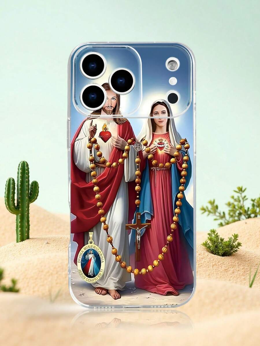 Funda de teléfono con diseño religioso de Jesús y la Virgen María, estampado con imagen clásica de ambos personajes sosteniendo un rosario, corazones sagrados y cruz cristiana, estilo devocional y espiritual ideal para fechas religiosas y uso diario, funda transparente, resistente a golpes, alta transparencia, compatible con iPhone17/16/15/14/13/12/11/Plus/Pro/ProMax, compatible con Galaxy A34/A35/A54/A55, Galaxy S20/S21/S22/S23/S24/S25 Ultra/Plus, compatible con Moto/Galaxy/Redmi/Honor/OPPO - transparente - Ver 1