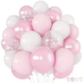 48个粉色、白色和透明乳胶气球，10英寸/25.4厘米，适用于生日派对、婚礼装饰、新娘送礼会、洗礼、室内外装饰、派对装饰、优雅气球布置、周年纪念派对装饰、摄影背景、情人节、圣诞节、公主派对等场合。
