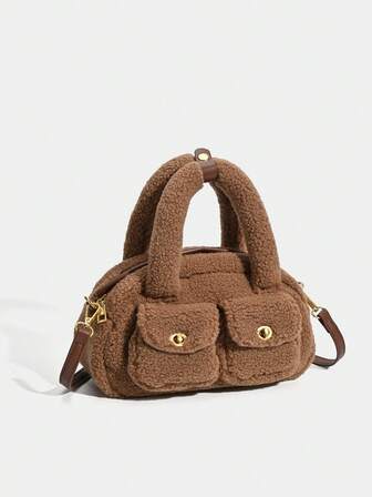 Set Of 1, Solid Color Boston Hairy Women's Bag, Featuring Hand-Held Shoulder Straps And Long Shoulder Straps, With Two Pockets At The Front Of The Bag. The Handheld Shoulder Strap Is Equipped With A Small Buckle To Prevent Detachment, And The Bag Opening Is Designed With A Zipper To Ensure Safety And Privacy. Suitable For Mothers, Office Workers, Students And Other Groups, Suitable For Winter Use.