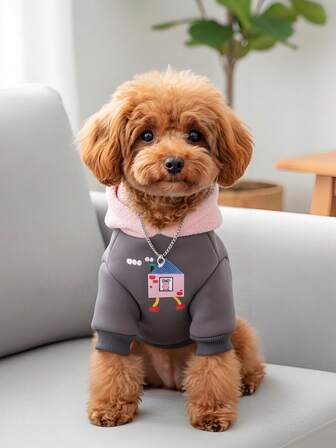 Fashion Pet Hoodie For Schnauzer & Small Dogs, Warm Thermal Lined Hoodie With Cute House Print, Chain Collar Design, Soft & Cozy For Autumn/Winter Daily Wear, Outdoor Walks & Indoor Snuggles – Elevate Your Pet's Style & Comfort