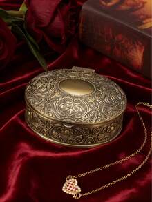 Caixa de joias oval com estampa floral em bronze antigo: decoração vintage, artesanato esculpido, armazenamento elegante para brincos e anéis, ótima opção de presente - Bronze - Ver 9