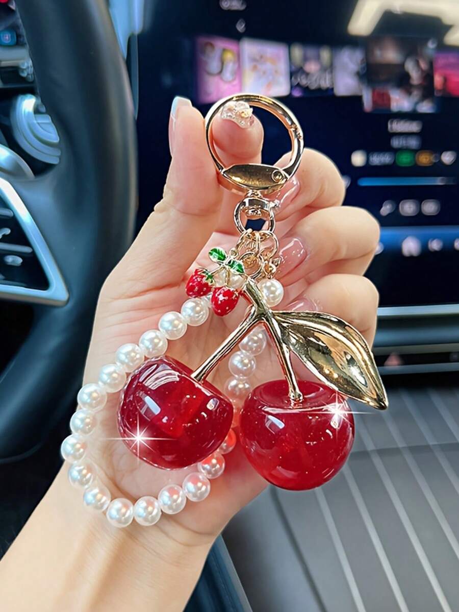 情人节礼物钥匙扣樱桃包包挂饰，仿珍珠钥匙链女士可爱 - 汽车钥匙扣皮革手提包 - 时尚圣诞节、新年、生日礼物 - 彩色 - 查看 1