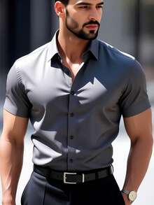 Stylish Men's Short-Sleeved Shirt With Lapel And Buttons For Summer. - Dark Grey - View 4