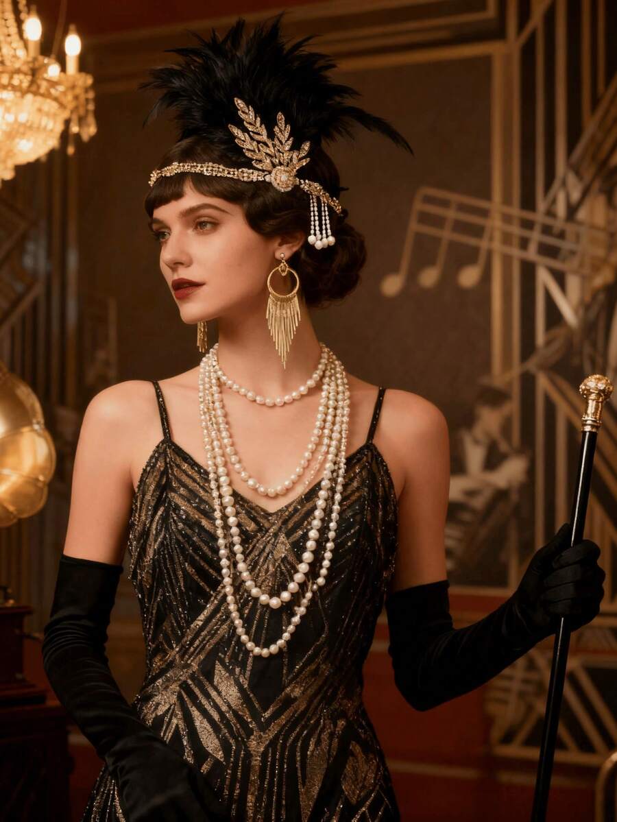 1920s Flapper Clothing And Accessories Set - Roaring Twenties Feather Headband, Long Pearl Necklace, Fringed Earrings, Black Gloves, Ladies' Halloween Party Costume Handheld Items