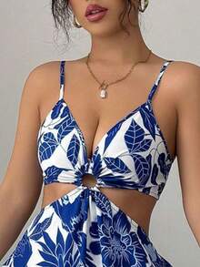 Women's Long Printed Dress With Side Cutouts And Front Ring, Elegant Look - Màu xanh lam - Xem 3