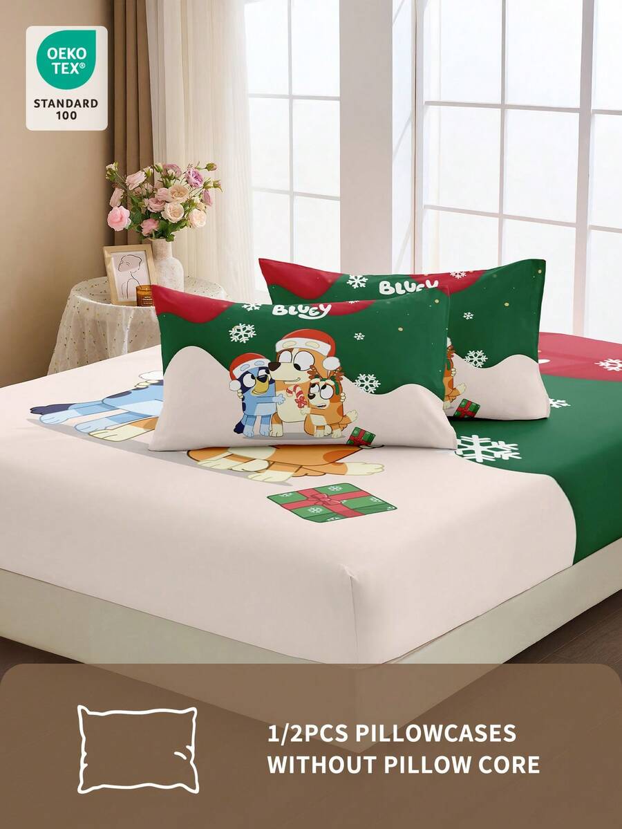 Bluey 1/2pcs Cartoon Christmas Breathable Pillowcase, Soft And Skin-Friendly, Bluey Green Christmas Cartoon Pattern, Christmas Bedding, Soft Pillow Cover, With Envelope Closure, Christmas Pattern Pillowcase, Better For Hair Skin Sleep, Pillow Covers Without Filling For Bedroom, Bedding Supplies Ultra Soft And Breathable, Pillow Cases, Christmas Pillow, Christmas Pillow Covers