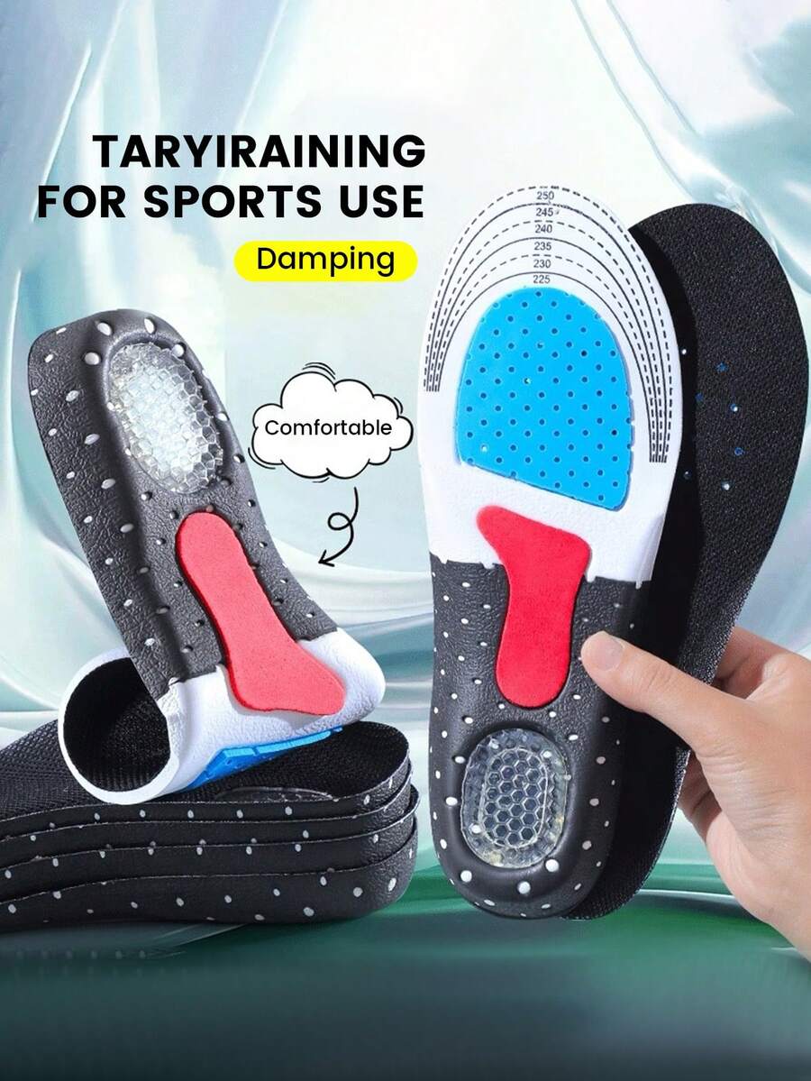 1双男女通用黑色舒适足弓支撑运动鞋垫，U型后跟缓冲垫，透气吸湿减震全长鞋垫