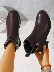 Damskie botki w dużych rozmiarach na jesień/zimę, ze skóry teksturowanej, z metalową klamrą, minimalistyczny design dla eleganckiego wyglądu, zamek błyskawiczny z boku dla łatwego zakładania/zdejmowania, wygodny gruby obcas, ciepła podszewka, klasyczne, ponadczasowe kolory, uniwersalne, do pracy, na wyjścia, eleganckie i klasyczne botki do kostki w stylu brytyjskim