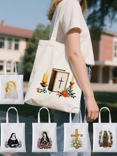 1 set Bolso de lona de gran capacidad con diseño floral, estilo vintage, bolso de hombro duradero, para compras y uso diario