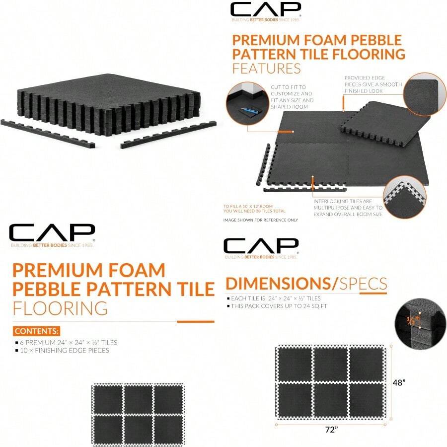 Exercise Puzzle Mats Packs Tiles 24"X24" Multiple Options - PebbleBlack - Xem 1
