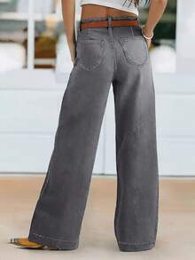 女士新款高腰弹力阔腿直筒牛仔裤，秋冬季休闲春季款 - 灰色 - 查看 2