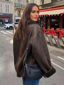 女式仿羔羊毛大衣休闲秋冬休闲柔软绒面革加厚保暖夹克上衣 - 巧克力棕 - 查看 7