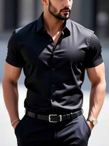 Stylish Men's Short-Sleeved Shirt With Lapel And Buttons For Summer. - Black - View 2