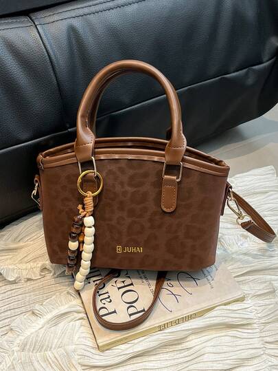 时尚豹纹水桶包，新款复古2025吊坠，休闲通勤单肩斜挎包，女士