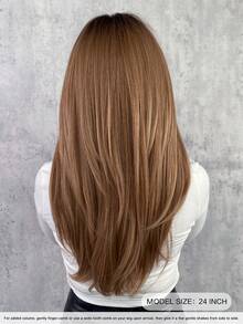 7JHH WIGS 优雅的24英寸暖棕色渐变假发，女士款 - 时尚简约长款层次假发，带刘海，深色发根，耐热全机织合成纤维假发，适合日常佩戴、派对、情人节礼物，假发配件 - 鏽棕色 - 查看 4