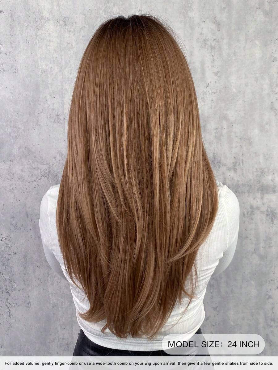 7JHH WIGS 24 Inch Warm Brown Gradient Women's Wig - Fashionable Elegant Long Layered Wig With Bangs, Dark Roots, Heat-Resistant Full Machine-Woven Synthetic Fiber Hair, Suitable For Daily Wear And Parties, Valentine's Day Gift, Wig Accessories - 鏽棕色 - 查看 1