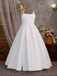 Tween Girls Solid Color Spaghetti Strap Open Back Tie Back Satin Elegant Flower Girl Evening Dress, Suitable For Party, Headband Not Included - White - View 4