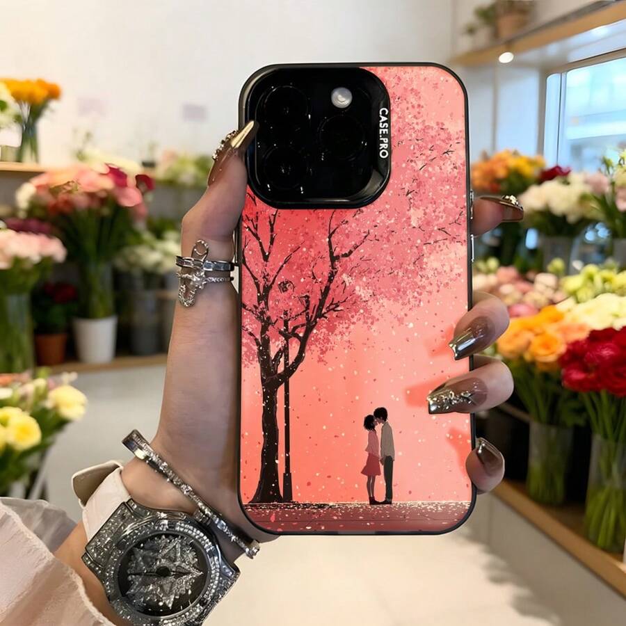Cubierta de teléfono con diseño de árbol y pareja en floración rosa para iPhone 14 Pro Max funda protectora con estampado romántico ideal para amantes de la primavera y momentos especiales Aplicable a los teléfonos de la serie Apple y Galaxy - Negro - Ver 1