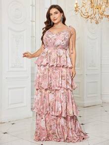 [Random Print] UNITHORSE Plus Women's V-Neck Spraghetti Strapless Tiered Skirt Sexy Backless Chiffon Maxi Slim-Fitting Evening Dress - Pink - View 4