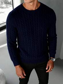 Męski, swobodny, uniwersalny, jednokolorowy, dzianinowy sweter z okrągłym dekoltem