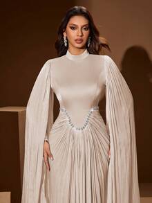 Women's Solid Color Stand Collar Elegant Long Dress, Waist Beaded & Ruched Design, Soft Flowy Long Sleeve, Suitable For Parties, Banquets, Formal Occasions Wedding Spring Party - Apricot - View 5