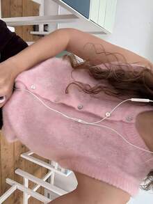 VIBEWAVE 针织无袖开衫，圆领单排扣，2025 秋季新品 - 粉色 - 查看 6