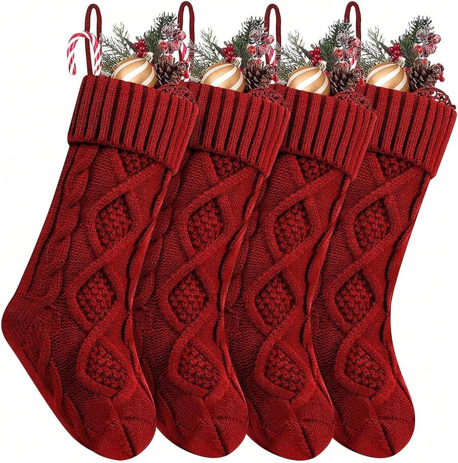 Juego de 4 Piezas de Medias de Navidad en Blanco Marfil y Borgoña, 18 Pulgadas, Extra Grandes, Tejido Retorcido, Regalos y Decoraciones para Fiestas Familiares de Navidad (4 Rojas) - 2 Blanco+2 Rojos 02 - Ver 1