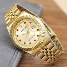 PROKING 1pc 40mm Men's Watch, Stainless Steel Case & Band, Gold Color, Luxury Quartz Watch, Business Water-Resistant Wristwatch, Fashion Calendar Diamond-Studded, Suitable For Daily Decoration, Holiday & Birthday Gift - Red - View 2
