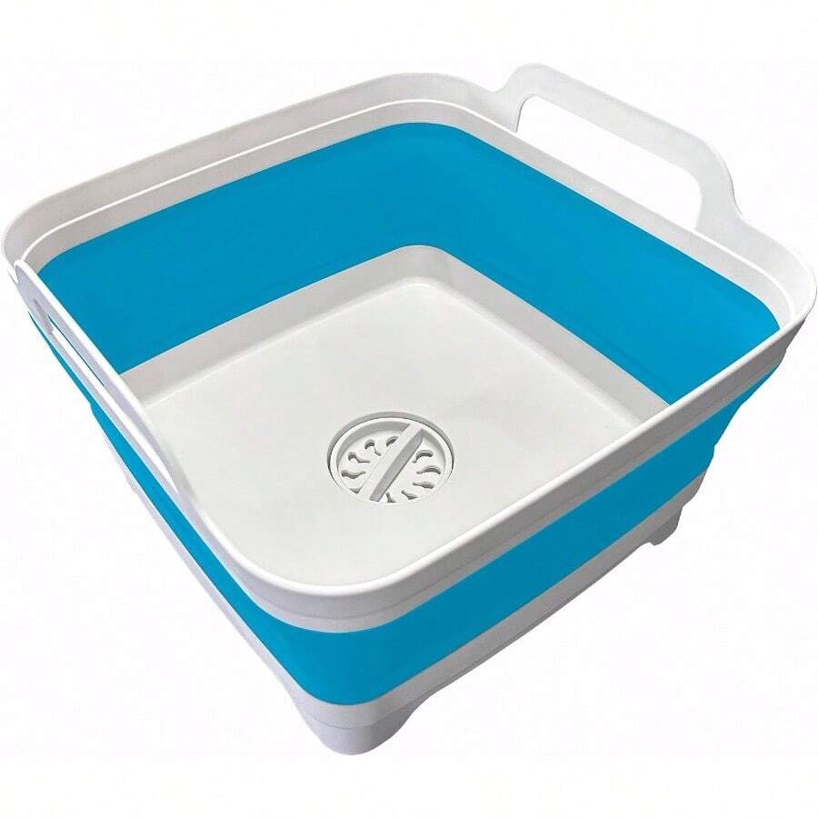 TYUI 9L 2.4Gallon Dish Basin Collapsible With Drain Plug Carry Handles Space Saveing Kitchen Storage Tray Dish Wash Basin Portable Dish Tub For Camping RV Blue - 藍色 - 查看 1