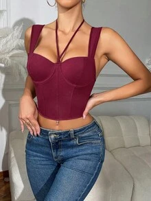 1pc Women's Wine Red Cropped Camisole - Criss-Cross Strap Wide Strap Fitted Midriff-Baring Sexy Top