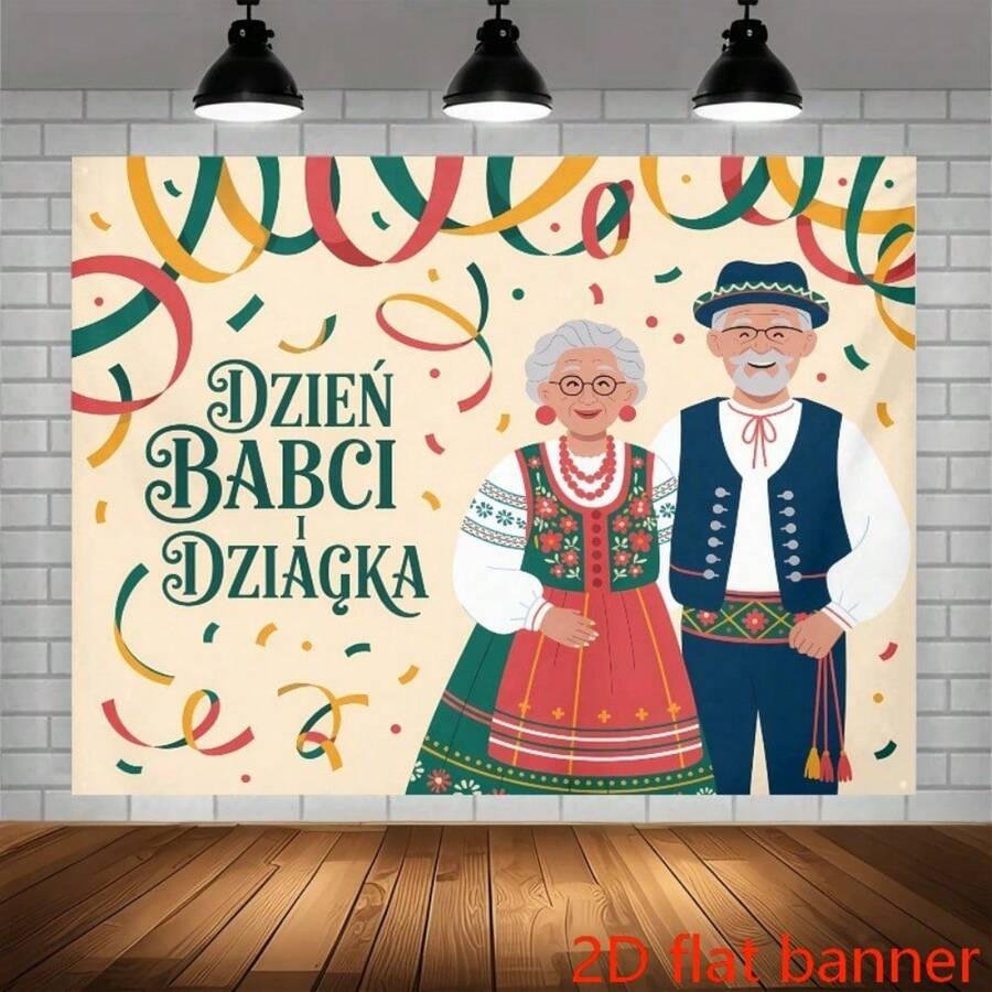 2D平面横幅展示：祖父母节波兰传统民族服装背景横幅。（波兰语）