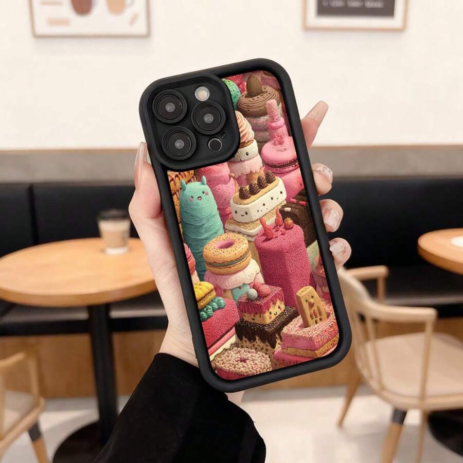 Cubierta de telefono con borde negro y diseño de pasteles coloridos para iPhone 14 Pro Max ideal para uso diario en cafeterias y espacios urbanos Aplicable a los teléfonos de la serie Apple y Galaxy - Café integral - Ver 1