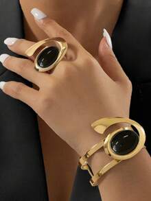 1 套时尚夸张金属镶嵌珍珠手链和戒指珠宝礼品套装、迷你配饰 - 白色 - 查看 10