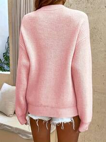 Pink Women's Cozy Sweater With Button Details - Casual Crew Neck, Long Sleeve Pullover For Fall/Winter, Soft & Comfortable Fabric, Fall Winter Apparel | Button Detail Sweater | Construction - 粉色 - 查看 5