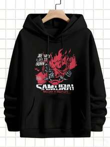 Cyberpunk Samurai Graphic Hoodie Fall, Premium Fabric, Round Neck, Loose Fit, Comfortable, Casual, New Arrival - Black - View 2