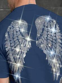 黑色男士水钻翅膀图案休闲百搭圆领短袖T恤，夏季 - 藏蓝色 - 查看 4