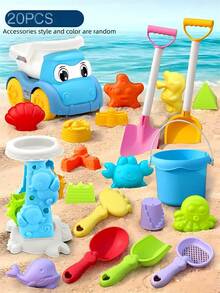 儿童沙滩玩具套装 - 沙滩车、沙滩桶、铲子、挖掘玩具和可重复使用的户外家庭趣味沙地游戏工具，适合 3-12 岁男孩和女孩，生日和节日礼物（配件颜色和款式随机） - 彩色 - 查看 14
