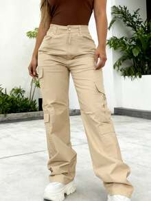 New Women's Solid Color High-Waisted Multi-Pocket Straight-Leg Cargo Pants, American Retro Slim Fit Fashion Casual Pants. - 杏色 - 查看 1