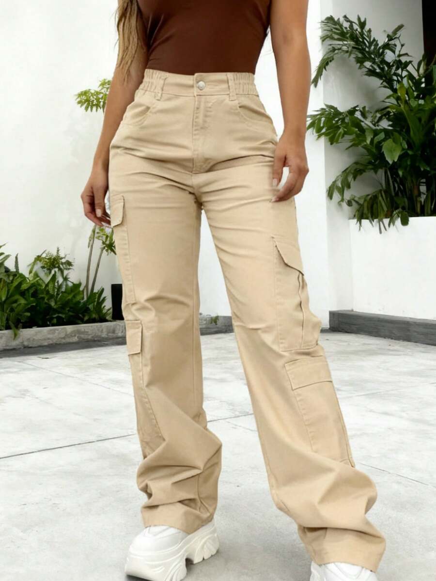 New Women's Solid Color High-Waisted Multi-Pocket Straight-Leg Cargo Pants, American Retro Slim Fit Fashion Casual Pants. - 杏色 - 查看 1