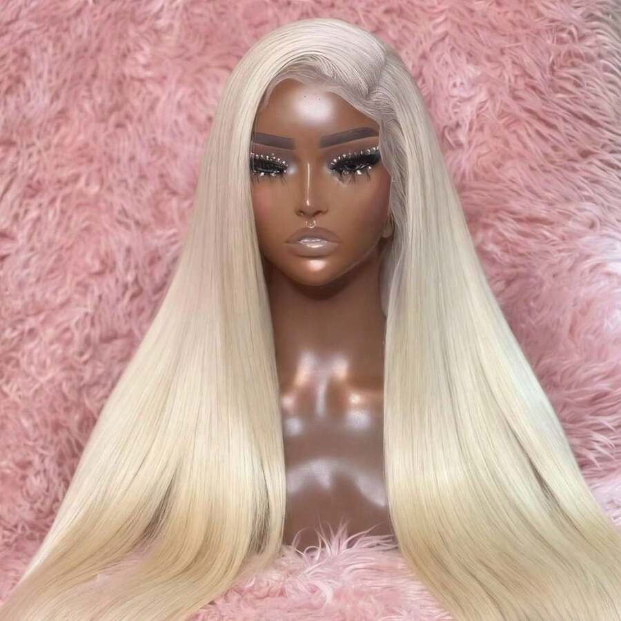 Platinum Blonde 13x4 HD Long Straight Lace Frontal Wigs For Women Remy Wig Human Hair 250 Density Glueless Human Hair Wigs Pre Plucked Bye Bye Knots White Colored Bone Straight Lace Front Wigs Human Hair With Baby Hair - 白色 - 查看 1