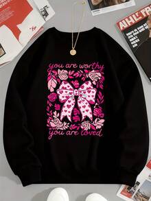 You Are Worthy You Are Loved Pink Bow Roses Design Sweatshirt Women Black Crewneck Long Sleeve Graphic Pullover Top - Black - View 3