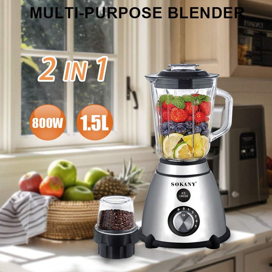 SOKANY 03031 Multi-Functional Food Processor, Demolition Machine. 2-In-1 Blender For Juicing/Grinding. 800W High Power, 1.5L Large Capacity, 5 Speed Settings. One-Touch Operation, Suitable For Crushing Ice, Juicing, Grinding, Mincing And More. An Essential Kitchen Appliance.