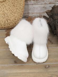 1双女童柔软舒适人造毛皮内衬圆头厚底中筒靴，拉链设计，保暖时尚，适合3-12岁学生，适合滑雪、校园、假期、圣诞节、秋冬季穿着。 - 白色 - 查看 5