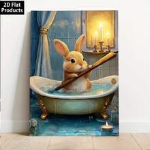 Pintura de arte abstracto plano 2D estilo inodoro, póster en lienzo con marco de madera, conejo bañándose en un elegante baño en una bañera vintage, incluye bolígrafo, adecuado para decoración de dormitorio, sala de estar, cocina, pasillo, baño, regalo de decoración del hogar, decoración navideña - transparente - Ver 8