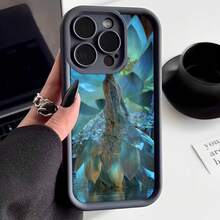 Cubierta de telefono con borde protector color gris oscuro con estampado de flor azul y hojas acuaticas diseño elegante para uso diario y estilo moderno - Negro - Ver 1